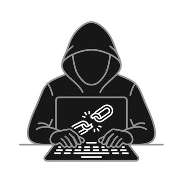 Hacker types on a laptop computer displaying a broken chain icon to signify a major security breach.
