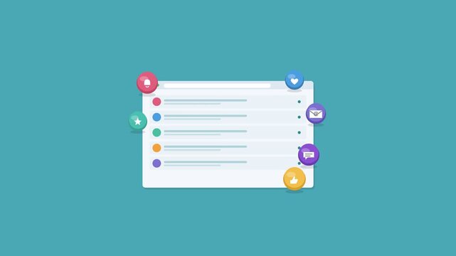 notification list in a browser window with alerts and 3D icons, teal color scheme