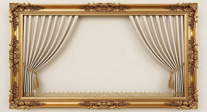Ornate Gold Picture Frame with Elegant Draped Curtains.