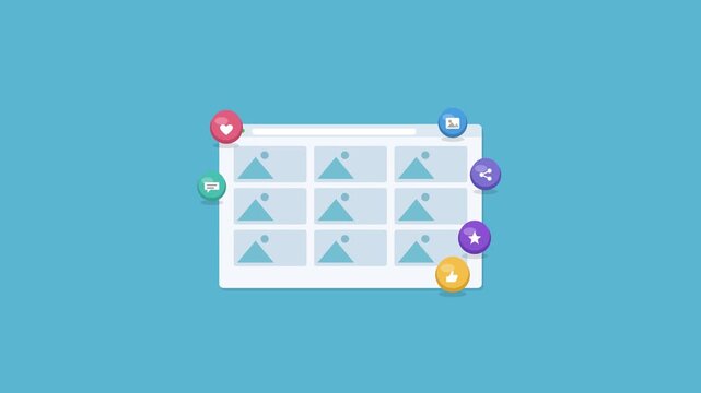 photo gallery grid in a browser window with floating 3D icons, cyan color scheme