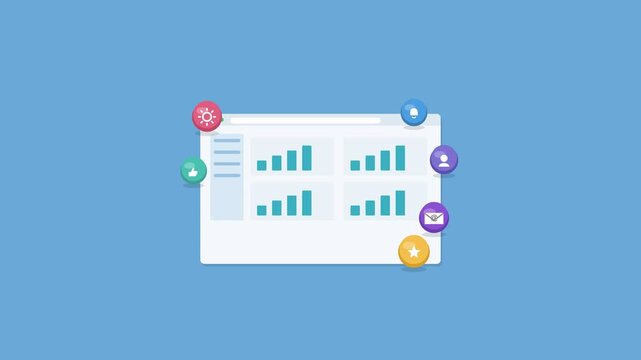 web app dashboard in a browser window with charts and 3D icons, sky blue color scheme