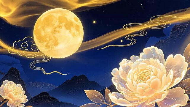 White peony under full moon