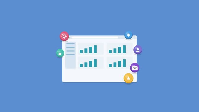 web app dashboard in a browser window with charts and 3D icons, blue color scheme