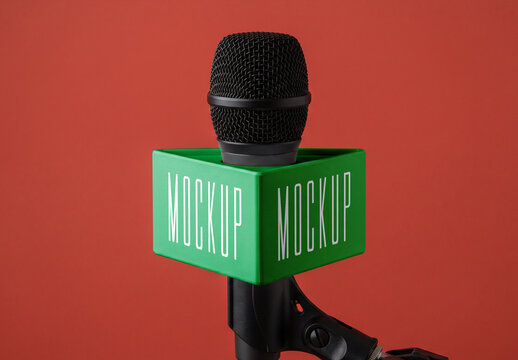 Microphone Flag Mockup with Branded Logo Cube on Red Background