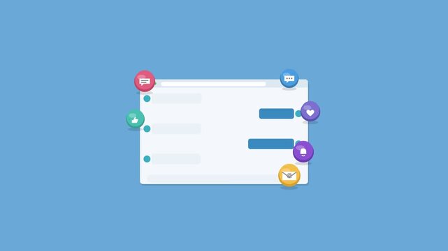 chat messenger app in a browser window with message bubbles and 3D icons, sky blue color scheme