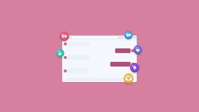 chat messenger app in a browser window with message bubbles and 3D icons, rose pink color scheme
