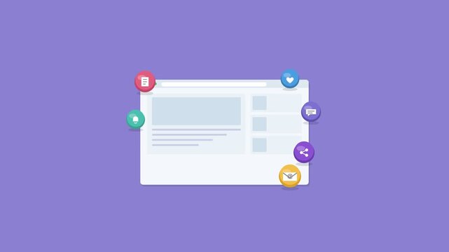 blog article layout in a browser window with floating 3D icons, violet color scheme