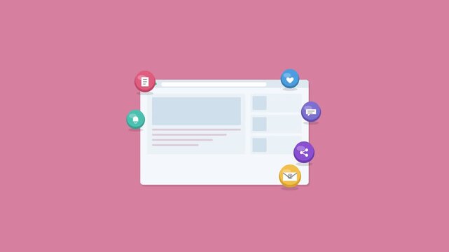 blog article layout in a browser window with floating 3D icons, rose pink color scheme