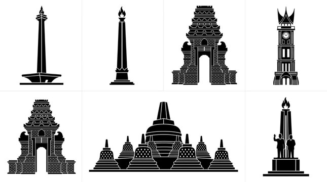 Indonesian Historical Monuments Vector Icon Set Featuring Monas, Temples and National Heritage Architecture Collection