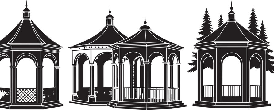 Ornate gazebo silhouettes arranged with pine trees in a graphic style
