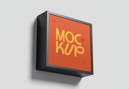 Square Wall-Mounted Lightbox Sign Mockup at Angle View