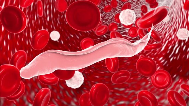 Trypanosoma cruzi trypomastigote, 3D animation of elongated flagellated protozoan parasite with undulating membrane and posterior kinetoplast, causative agent of Chagas disease.