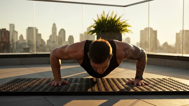 Athletic man performs pushups on rooftop mat during sunset. Muscular man does pushup workout outdoors with city skyline background. Strong man trains on terrace. Fitness workout builds arm strength.