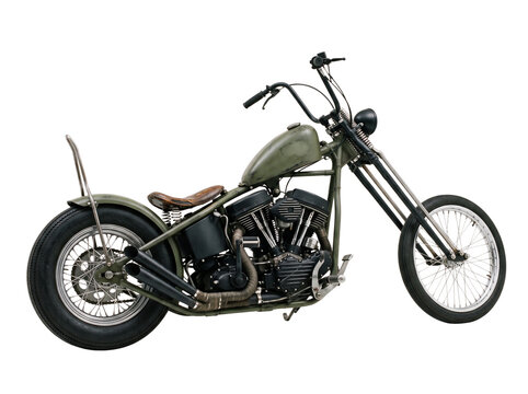 Vintage Custom Chopper Motorcycle Isolated on Black Background - Olive Green Retro Bobber Bike with V-Twin Engine