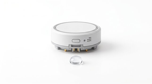 Water leak detection sensor on white background. Smart home flood alarm device for safety.
