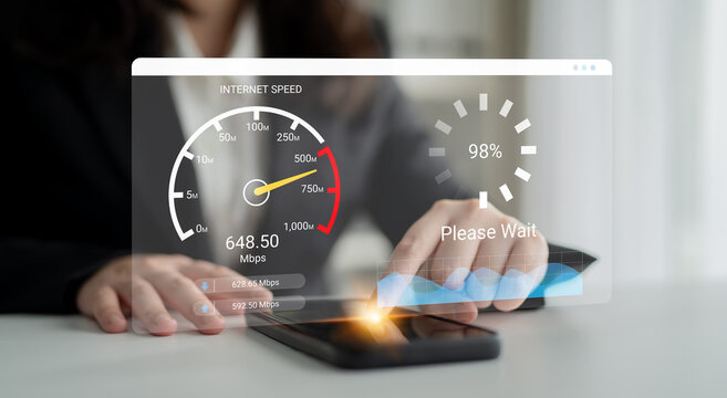 A user conducts an internet speed test on a smartphone, seeing metrics and a loading indicator in a bright workspace, showcasing modern technology and connectivity. Ledger