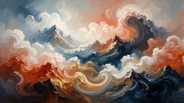 Abstract swirling clouds and mountains merge in dynamic pastel colors. Warm oranges and cool blues create a dreamlike textured sky and earthscape. This artwork represents motion and natural beauty.