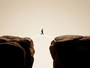 Naklejka premium Small man walks across thin white chalk bridge over gap between two dark rocks. Person crosses abyss on fragile line path. Creative symbolic visual art represents determination, life journey. Minimal