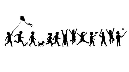 Obraz premium Silhouette Illustration Of Children Playing And Running Outdoors With Kite And Ball