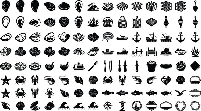 Oyster and Marine Seafood Solid Glyph Icon Set with Clams, Mussels, Crabs, Lobsters, Fishing Boats, and Restaurant Dining Symbols for Menu Branding