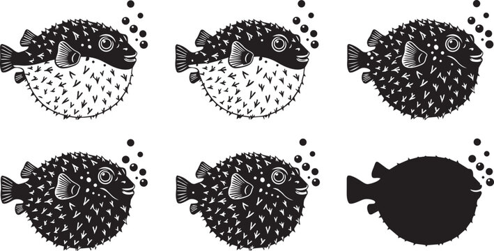 Pufferfish illustration set with bubbles in monochrome linocut style