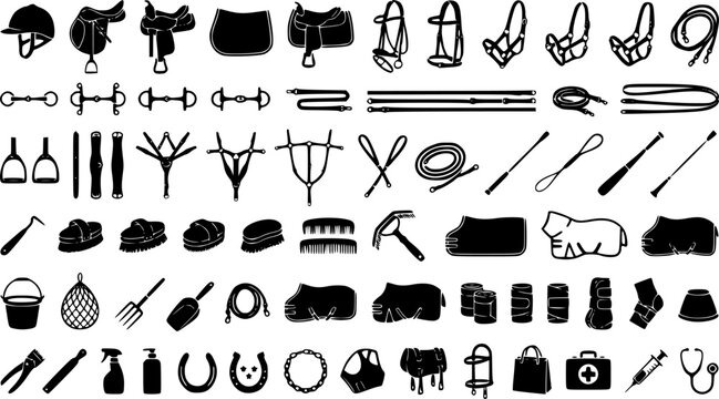 Comprehensive collection of equestrian sport equipment and horse care items in black silhouette icons, perfect for educational materials, website graphics, or veterinary content