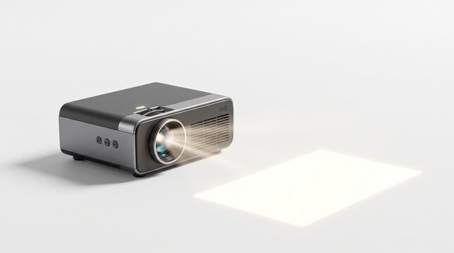 Mini projector casting light on white surface. Portable digital device for home cinema.