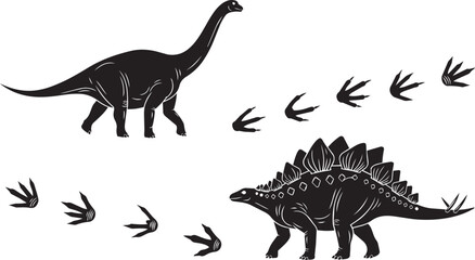 Silhouette dinosaurs with tracks during prehistoric era for educational concept © SDR
