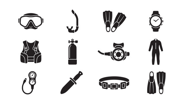 Scuba Diving Equipment and Snorkeling Gear Icon Set