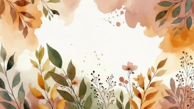 Watercolor botanical illustration with autumn leaves and delicate flowers across three panels, seamless floral background and border.