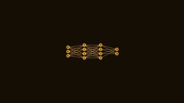 neural network line icon with connected layers of nodes, amber neon style