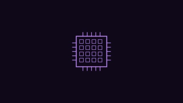 CPU processor core line icon with grid and pins, violet neon style