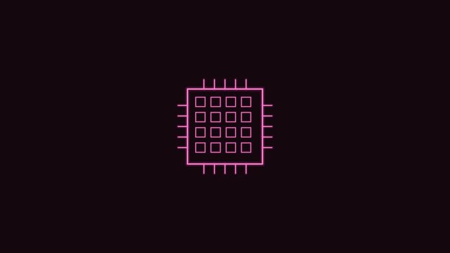 CPU processor core line icon with grid and pins, pink neon style