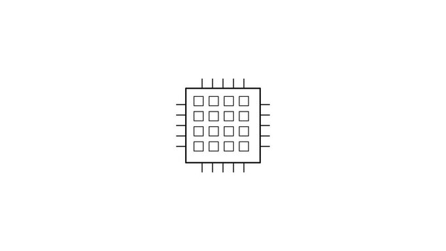 CPU processor core line icon with grid and pins, black style