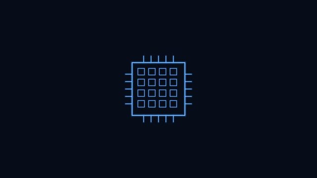 CPU processor core line icon with grid and pins, blue neon style