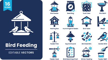 Naklejka premium Premium Bird Feeding and Care Icon Set for Wildlife Observation and Garden Maintenance