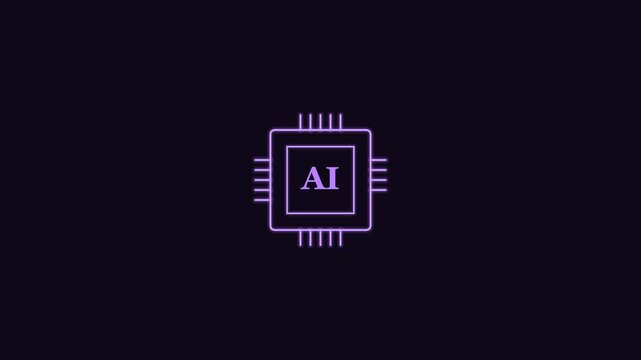 AI processor chip line icon with pins and AI label, violet neon style