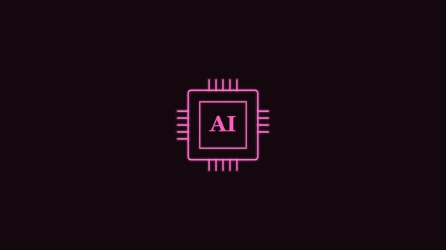 AI processor chip line icon with pins and AI label, pink neon style