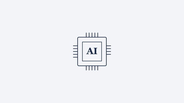 AI processor chip line icon with pins and AI label, dark ink blue style