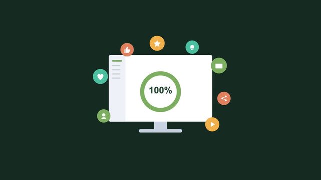 digital marketing concept with a desktop progress ring and floating marketing icons, forest green color scheme
