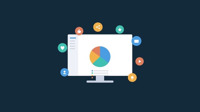 digital marketing concept with a desktop pie chart and floating marketing icons, ocean blue color scheme