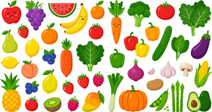 Cute cartoon fruits and vegetables icon set vector illustration featuring fresh organic ingredients strawberry apple banana carrot broccoli for kids nutrition food design