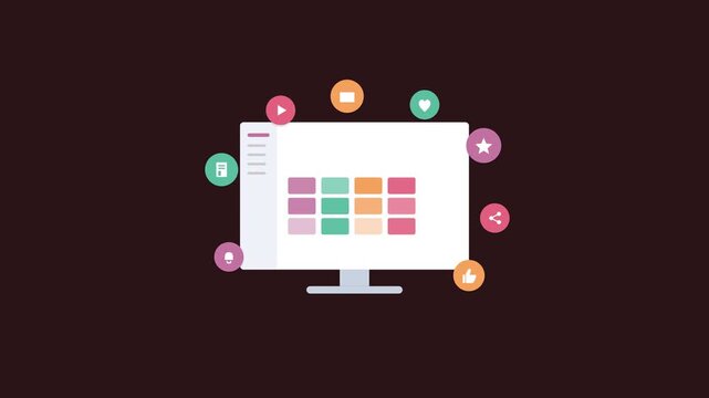 content marketing concept with a desktop content grid and floating media icons, wine red color scheme