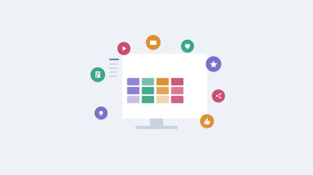 content marketing concept with a desktop content grid and floating media icons, light gray color scheme