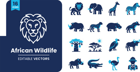 Obraz premium Premium Collection of Diverse African Wildlife Vector Icons, featuring Majestic Safari Animals and Natural Elements for Graphic Design Projects and Educational Content