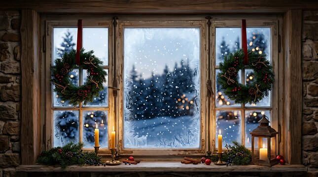 Two festive evergreen wreaths hang on a rustic frosted window frame with warm glowing candles and pine branches during winter