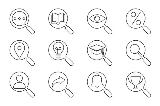Minimalist line art search magnifying glass icon set featuring various business education location and interface symbols isolated on white background.