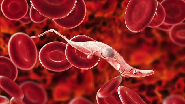 Trypanosoma cruzi trypomastigote, 3D animation of elongated flagellated protozoan parasite with undulating membrane and posterior kinetoplast, causative agent of Chagas disease.