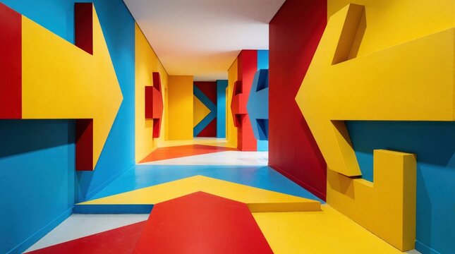 Modern hallway with bright geometric wall decor, large arrows. Yellow red, blue colors create perspective path for navigation. Abstract interior design shows movement, direction. Business office