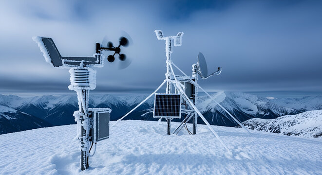 Automated weather station sensors including anemometers and solar panels monitoring alpine conditions for climate research and meteorological data collection to improve environmental forecasting